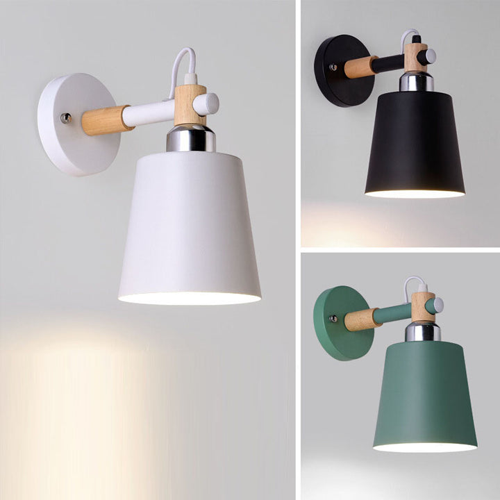 Contemporary Scandinavian Cylindrical Wooden Iron 1-Light Wall Sconce Lamp For Bedroom