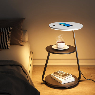 Table de chevet contemporaine nordique ronde en noyer et marbre avec fer, charge sans fil pour téléphone mobile, 2 niveaux pour le chevet 