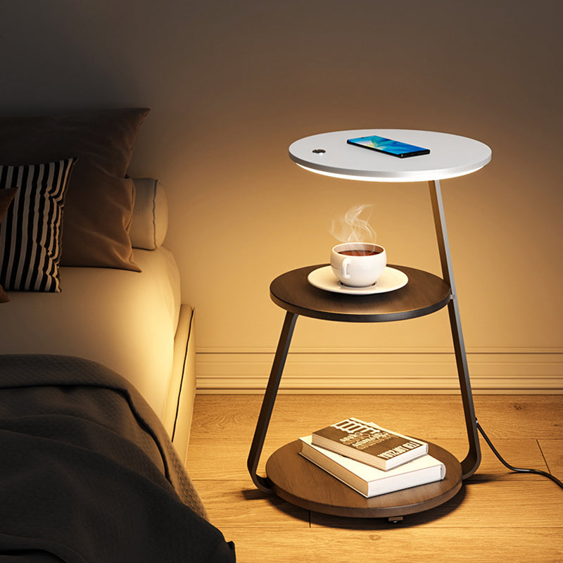 Table de chevet contemporaine nordique ronde en noyer et marbre avec fer, charge sans fil pour téléphone mobile, 2 niveaux pour le chevet 