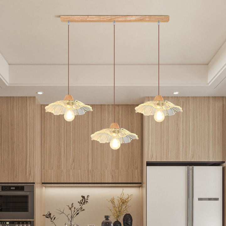 Moderner Art Deco Holz Lotusblatt Glasschirm 1/3-Licht Inselleuchte Kronleuchter für Schlafzimmer 
