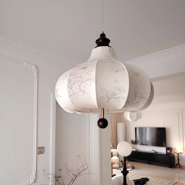 Suspension Luminaire Traditionnel Vintage en Forme de Châtaigne Ronde en Tissu Bois Massif 3/5 Lumières pour Salon 