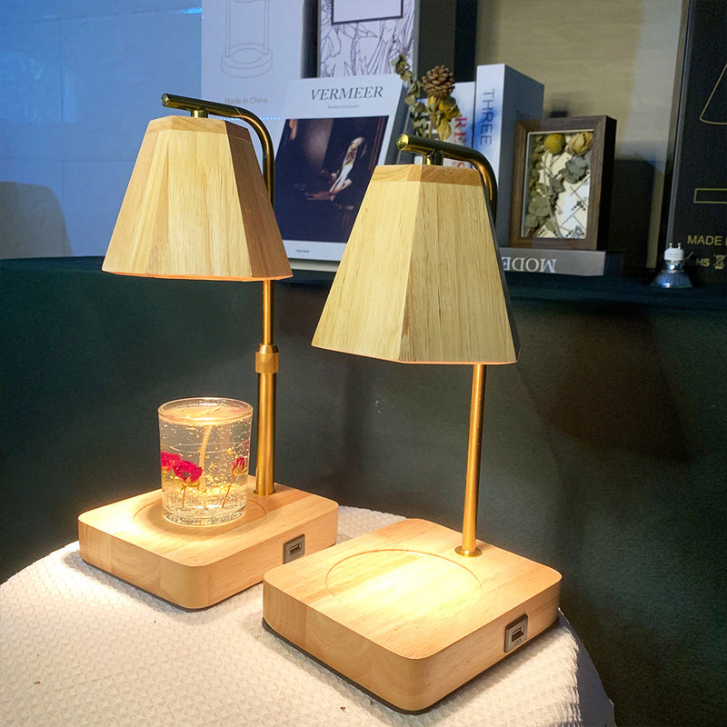 Zeitgenössische kreative sechseckige anhebbare 1-Licht-Schmelzwachs-Tischlampe aus Holz für Schlafzimmer 