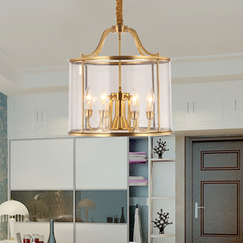 Moderner goldener Glamour Kronleuchter mit Vollkupfer-Glas-Schirm, Zylinder, 3/7-Licht 