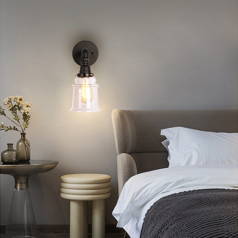 Contemporary Industrial Clear Glass Bell Pipe Iron 1-Light Wall Sconce Lamp For Bedroom