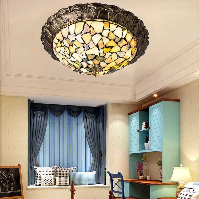 Traditionelle rustikale runde Kuppel Eisen Buntglas LED Unterputz Deckenleuchte für Wohnzimmer 
