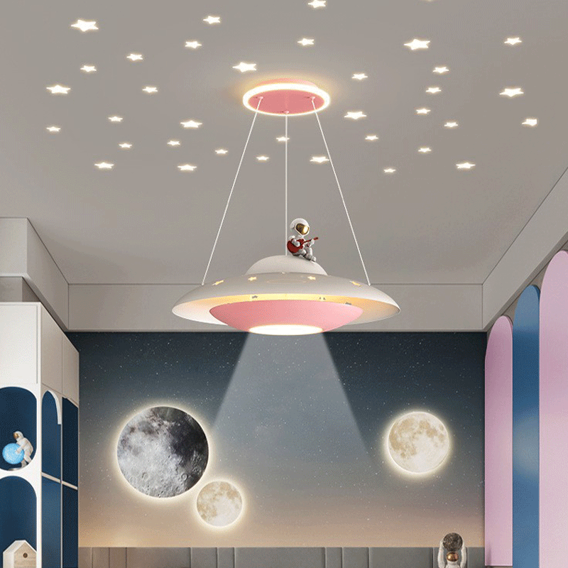 Moderne Art Deco Kinder Eisen Acryl UFO Raumschiff Astronaut Runde LED Pendelleuchte Für Schlafzimmer 
