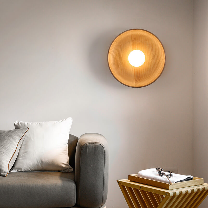 Modern Minimalist Round Disc Solid Wood 1-Light Wall Sconce Lamp