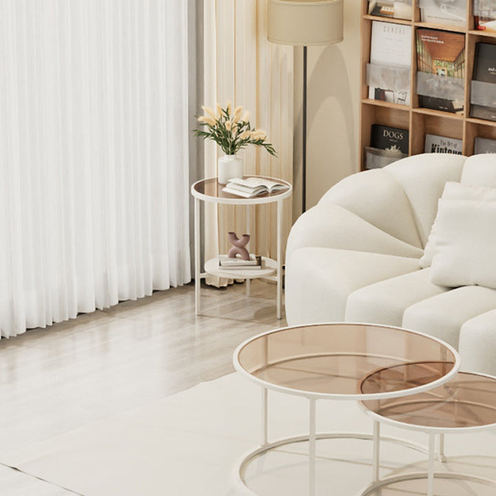 Moderner minimalistischer runder Couchtisch mit Tischplatte aus Glas, Eisen und Sinterstein, 1 Ablage, für das Wohnzimmer 