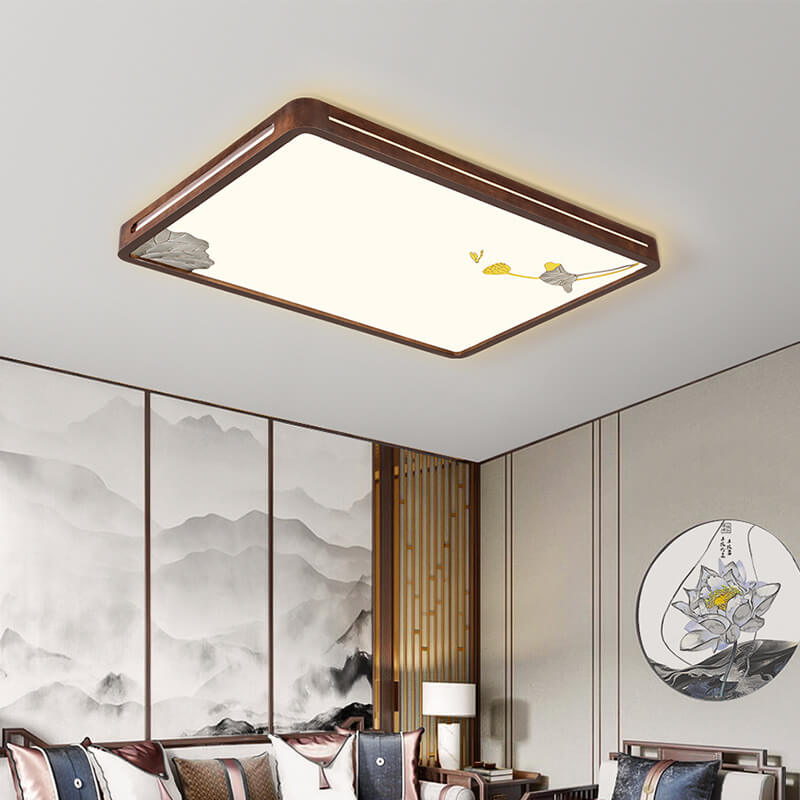 Modern Chinese Walnut Geometry Shape Acrylic LED Flush Mount Ceiling Light