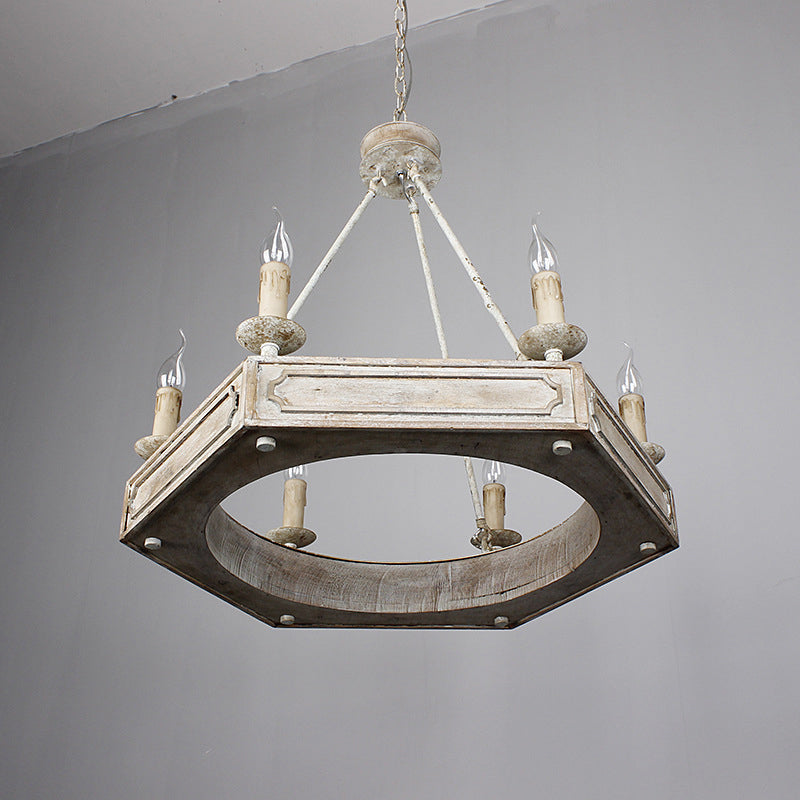 Chandelier hexagonal en fer à 6 lumières avec poutre en bois sculptée blanche rustique traditionnelle pour salon