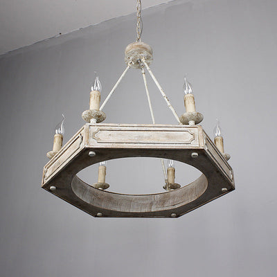 Chandelier hexagonal en fer à 6 lumières avec poutre en bois sculptée blanche rustique traditionnelle pour salon 