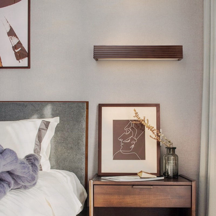 Traditional Japanese Striped Rectangular Wood LED Vanity Mirror Front Wall Sconce Lamp For Bedroom