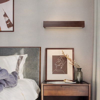 Traditional Chinese Striped Wood Cuboid LED Vanity Mirror Front Wall Sconce Lamp For Bathroom