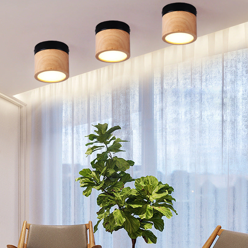 Plafonnier LED cylindrique en bois acrylique traditionnel japonais pour couloir 