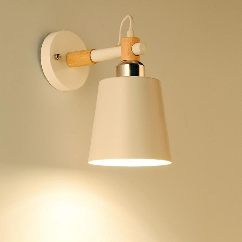 Contemporary Scandinavian Cylindrical Wooden Iron 1-Light Wall Sconce Lamp For Bedroom