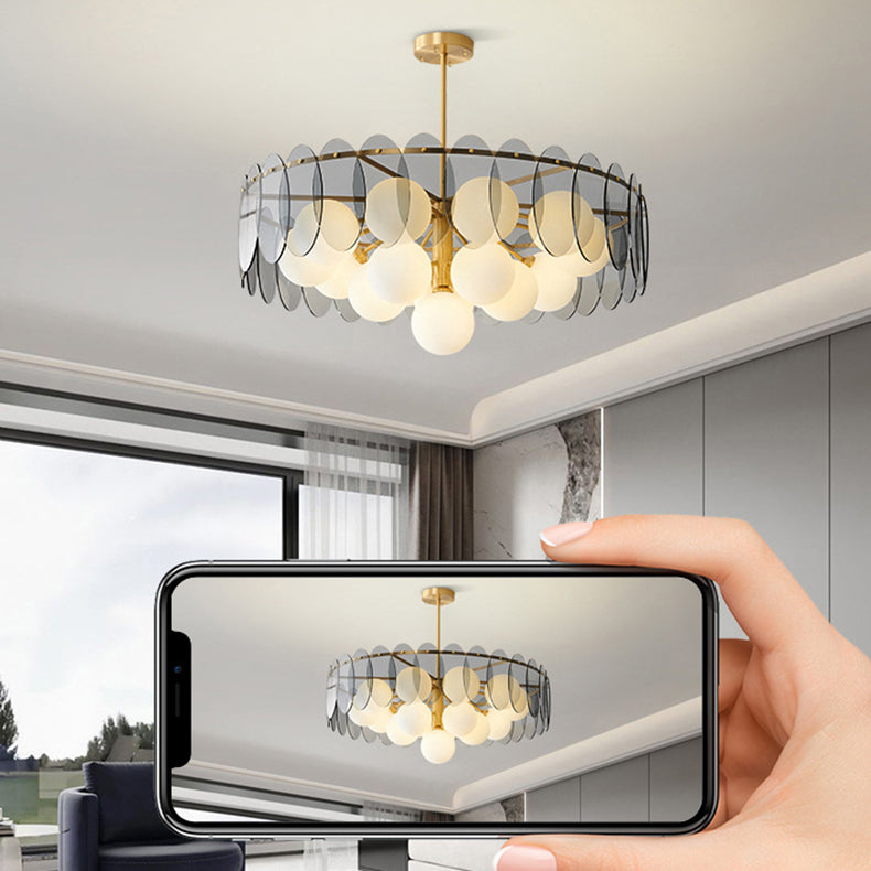 Moderner minimalistischer runder Kugel-Kupferglas-Kronleuchter mit 6 Lichtern für das Wohnzimmer 