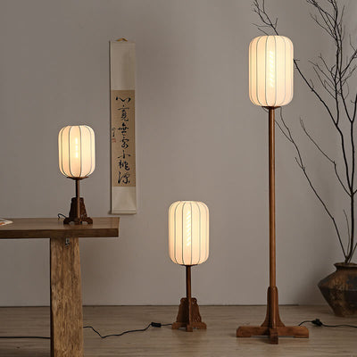 Japanese Zen Rosewood Base Silk Lantern Shade 1-Light Standing Floor Lamp