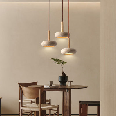 Contemporary Scandinavian Oval Solid Wood Yellow Travertine LED Pendant Light For Living Room