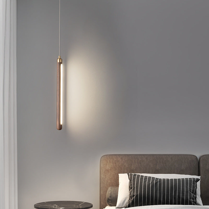 Lustre à LED en bois, cuivre et acrylique linéaire minimaliste moderne pour chambre à coucher 
