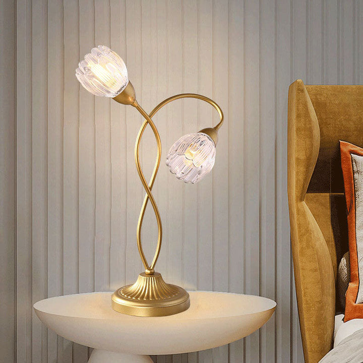 Moderne Art Deco Blumen Eisen Glas 2-Licht Tischlampe für Wohnzimmer 