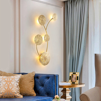Moderne Luxus Vollkupfer Hohl Lotusblatt Cluster 3/5/7-Licht Wandleuchte Lampe für Wohnzimmer 