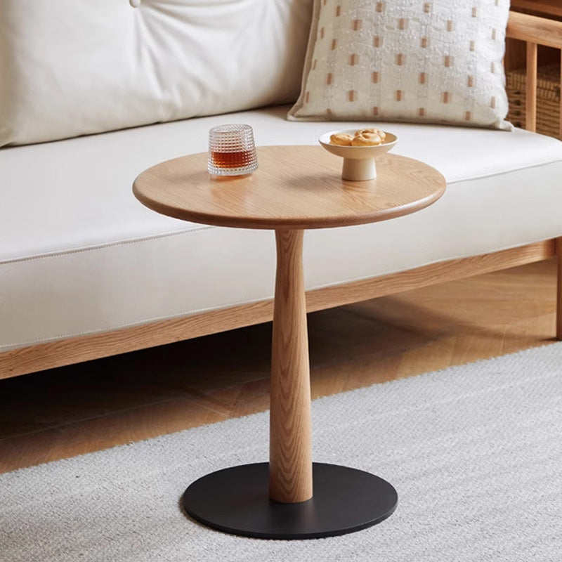 Traditional Rustic Round Oak Wood Iron Side Table For Living Room