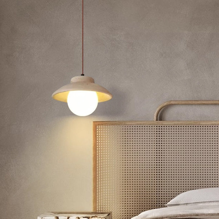 Suspension Luminaire 1 Lumière en Bois et Pierre Naturelle de Forme Bol Vintage Traditionnelle pour Chambre 