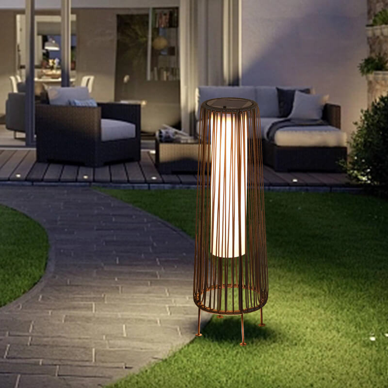 Moderno Shabby Chic Solar Redondo Trapezoidal Hierro Ratán Mimbre LED Luz Exterior Para Patio Exterior 
