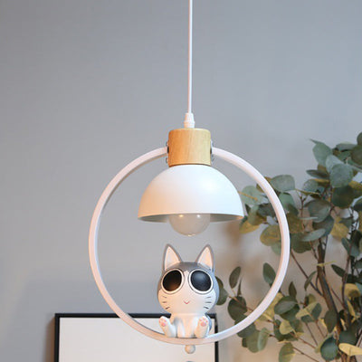 Suspension contemporaine en bois nordique fer résine ronde chat de dessin animé 1 lumière pour chevet 