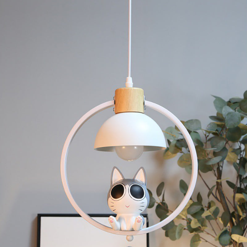 Suspension contemporaine en bois nordique fer résine ronde chat de dessin animé 1 lumière pour chevet 