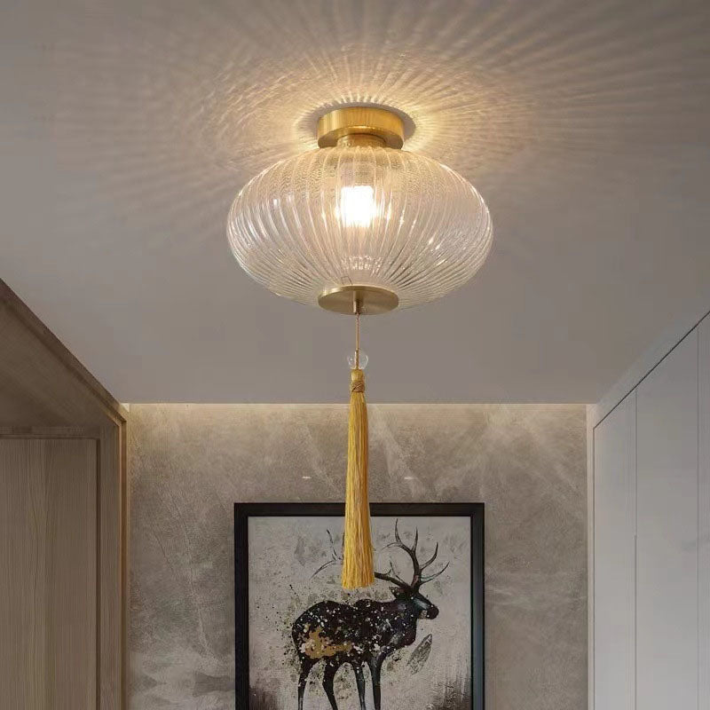 Traditionelle chinesische Laterne, sphärisches Kupferglas, 1-flammig, halbbündige Deckenleuchte für Schlafzimmer 
