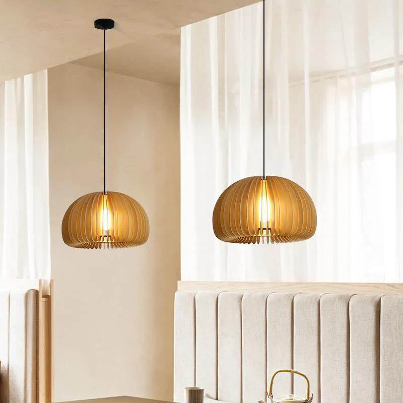 Traditional Japanese Iron Wooden Pumpkin Shape 1-Light Pendant Light For Living Room