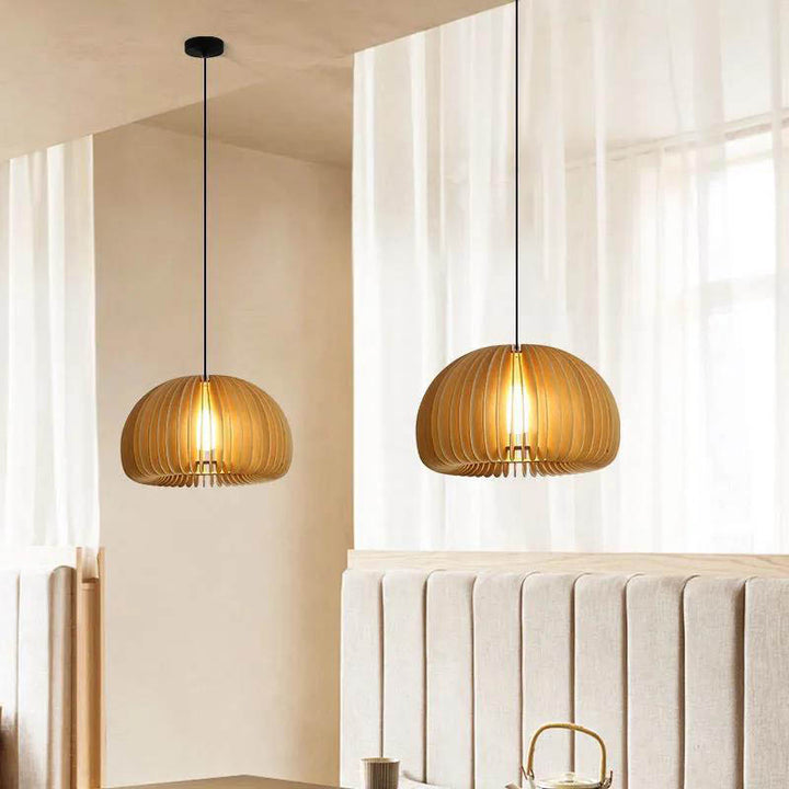 Traditional Japanese Iron Wooden Pumpkin Shape 1-Light Pendant Light For Living Room