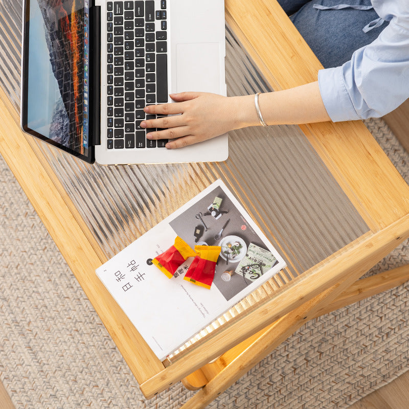 Traditional Japanese Rectangle Z-Shape Bamboo Glass Resin Rattan Weaving Coffee Table For Living Room