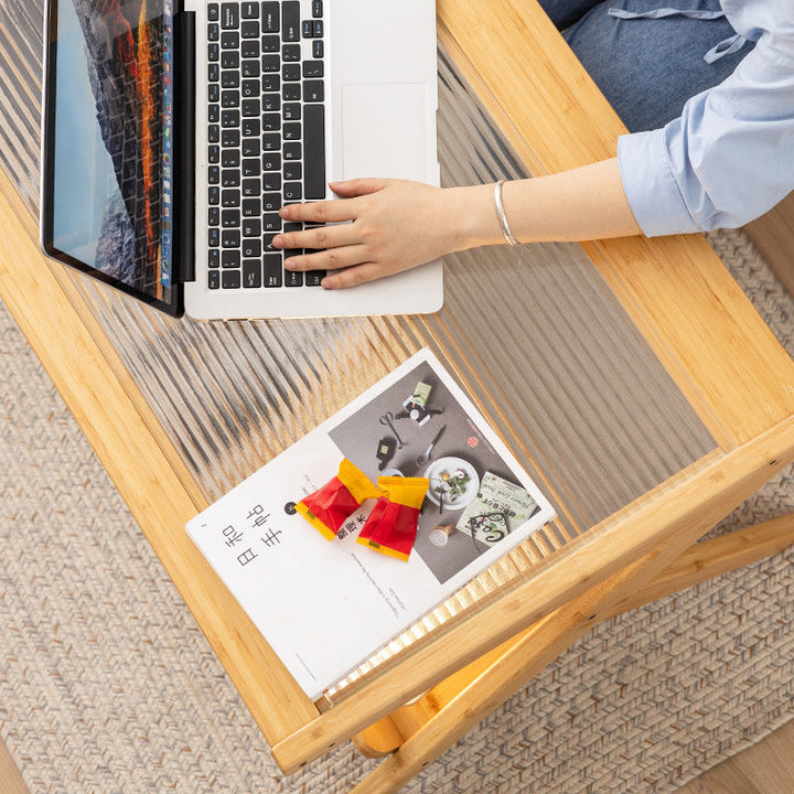 Traditional Japanese Rectangle Z-Shape Bamboo Glass Resin Rattan Weaving Coffee Table For Living Room