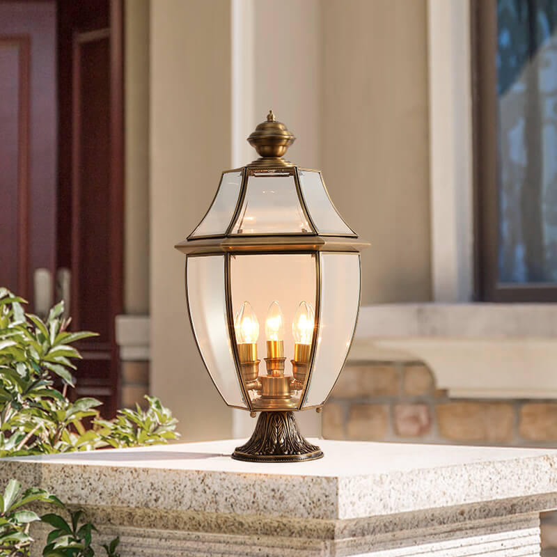 Traditional European All Copper Clear Glass Lantern Post 1/3 Light Waterproof Patio Landscape Light For Outdoor