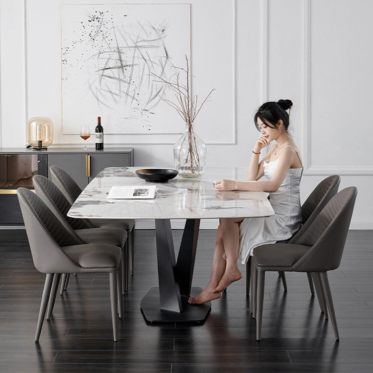 Contemporary Nordic Rectangular Arched Striped Cat Scratch Leather Carbon Steel Dining Chair Backrest Armless For Dining Room