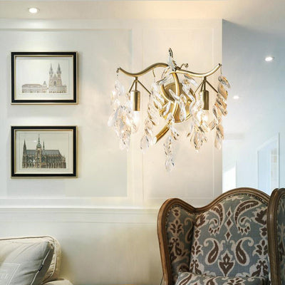 Traditionelle französische Blatt Eisen Kupfer Kristall 2-Licht Wandleuchte Lampe für Wohnzimmer 