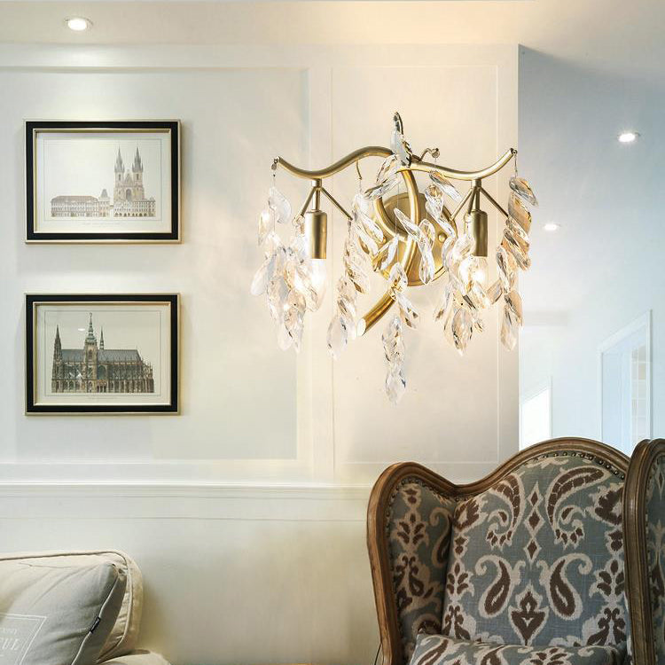 Traditionelle französische Blatt Eisen Kupfer Kristall 2-Licht Wandleuchte Lampe für Wohnzimmer 
