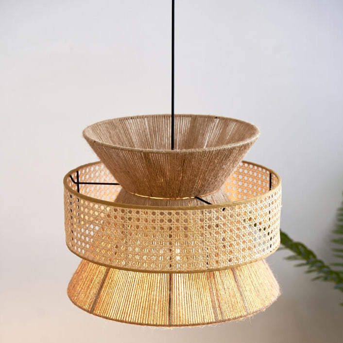 Traditionelle Vintage Zen Rattan Hanf Seil Weben Runde Schatten 1-Licht Pendelleuchte für Wohnzimmer 