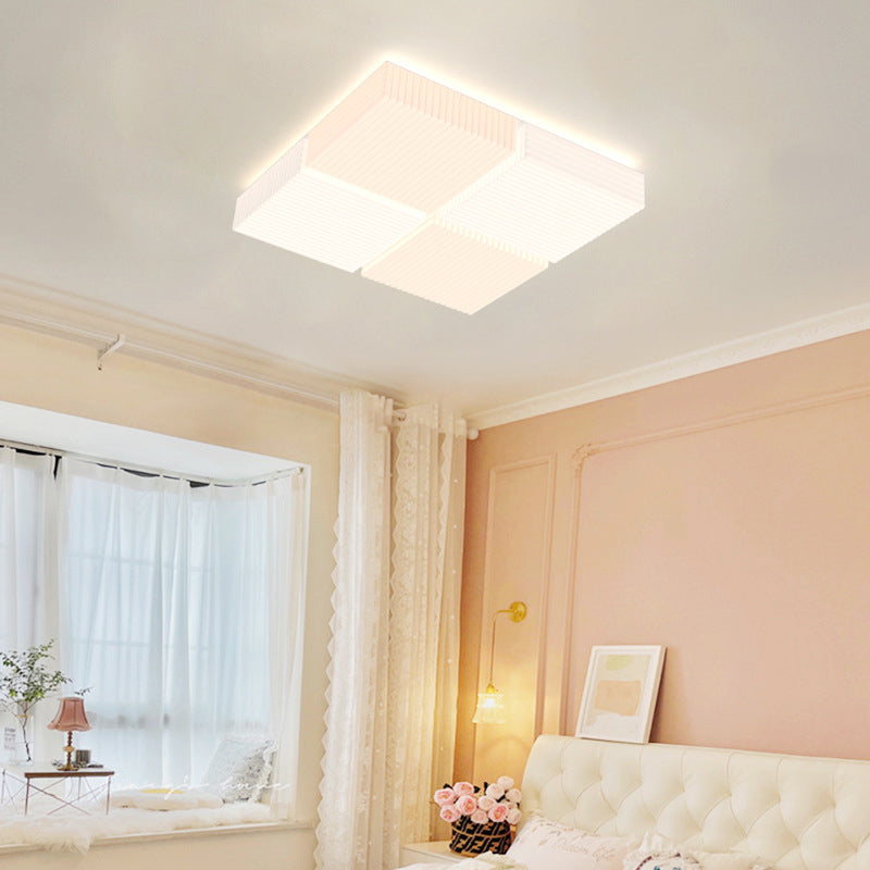 モダンシンプリシティ リブ付き PE キューブシェード LED フラッシュマウント天井灯 リビングルーム用 
