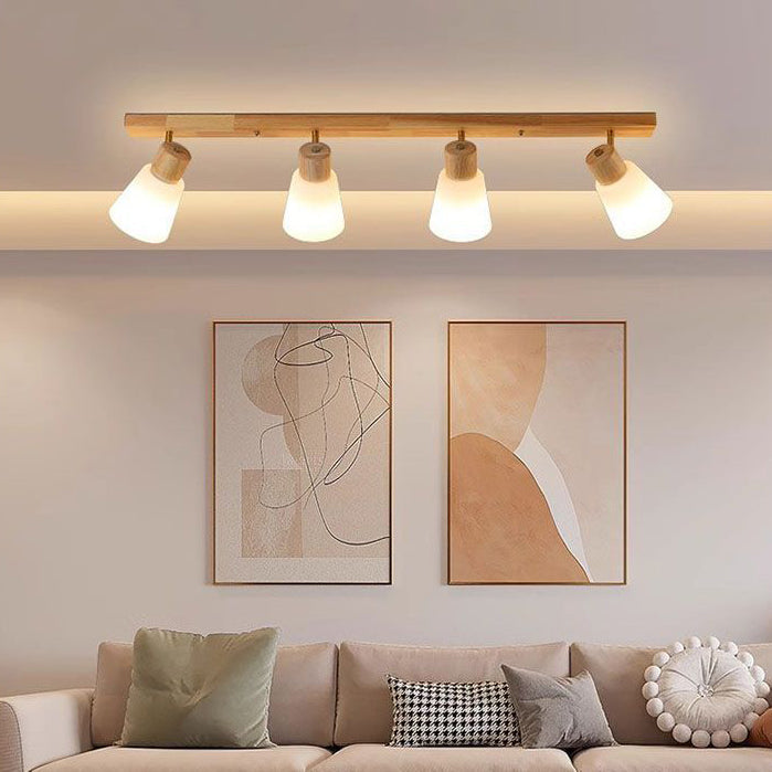 Traditional Vintage Rubberwood Glass Trumpet Shade 1/2/3/4-Light Semi-Flush Mount Ceiling Light For Living Room