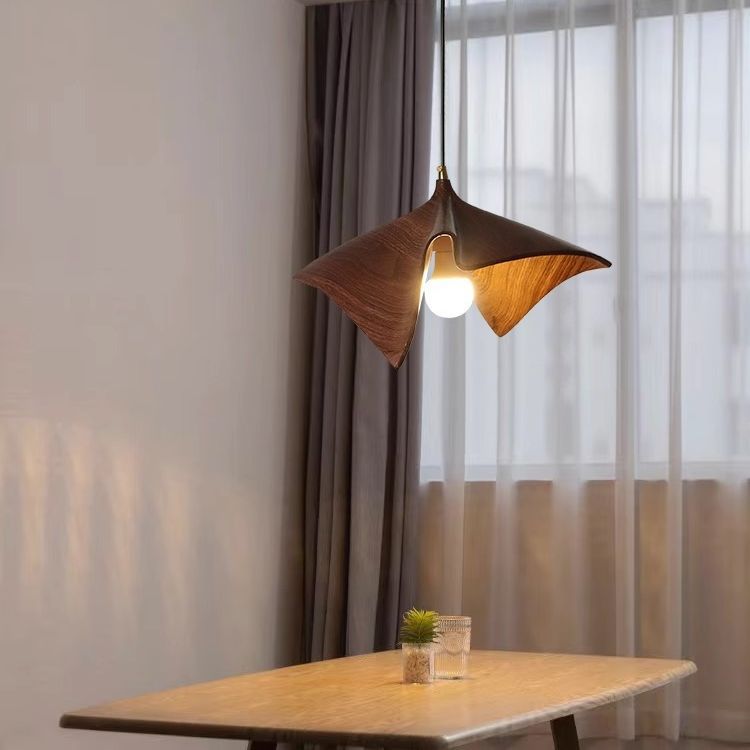 Suspension Luminaire à 1 Lumière en Forme de Feuille Irrégulière en Résine Japonaise Traditionnelle pour Salon 