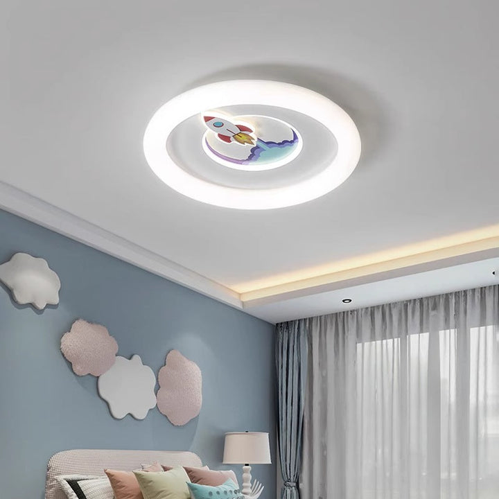 Luz de techo empotrada LED de acrílico y hierro redonda para niños creativos contemporáneos con diseño de cohete y astronauta para dormitorio 