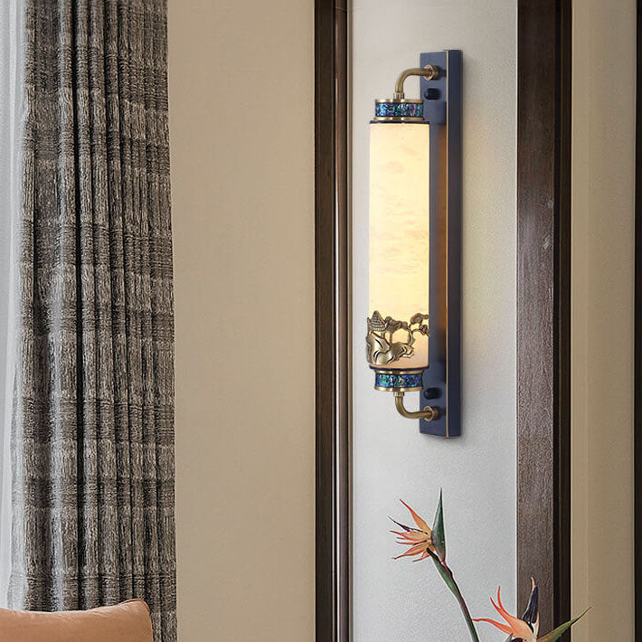 Traditional Chinese Marble Copper Column Brass LED Wall Sconce Lamp for Living Room