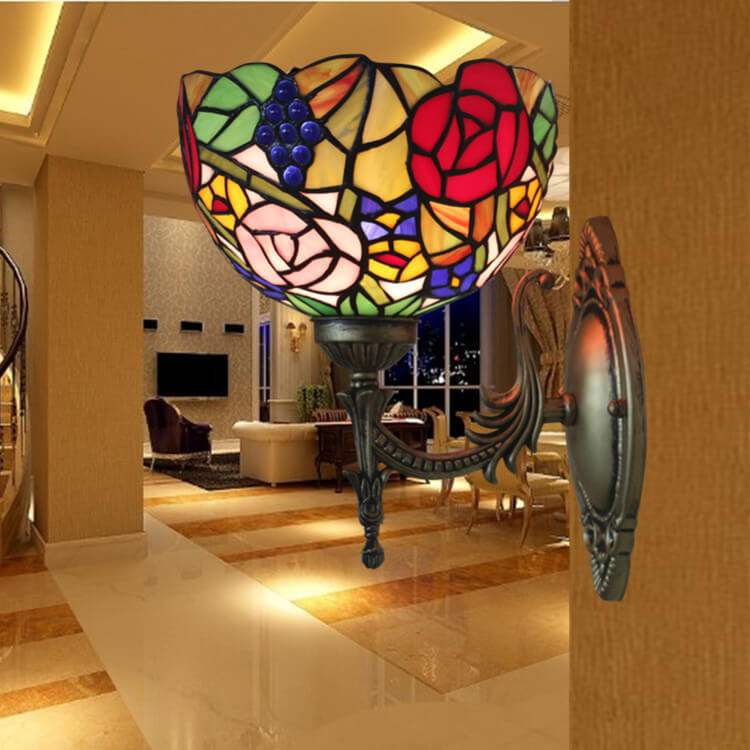 Vintage Tiffany Grape Flower Bowl Stained Glass 1-Light Wall Sconce Lamp
