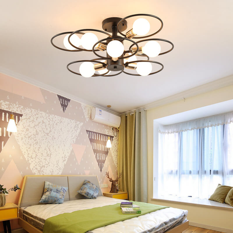 Contemporary Nordic Flower Ring Iron 3/6/9 Light Semi-Flush Mount Ceiling Light For Living Room &amp; Bedroom