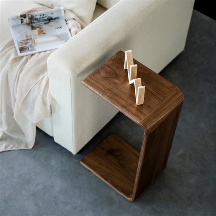 Mesa Auxiliar Cuadrada Rectangular Nórdica Contemporánea en Forma de C de Madera de Nogal para Sala de Estar 