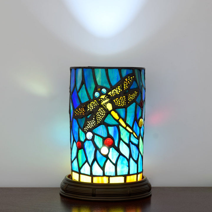 Traditionelle Tiffany-Buntglas-Libellen-Zylinderschirm-Harzsockel-LED-USB-Tischlampe für Unterhaltungsräume 