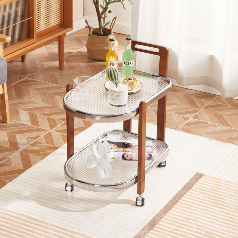 Traditioneller ovaler abnehmbarer Holztisch aus Edelstahl und Glas mit 2 Ebenen für das Wohnzimmer 